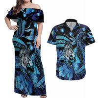 Personalised Maori Romantic Valentine Couples Matching Off Shoulder Maxi Dress and Hawaiian Shirt The Hongi Kiss Blue Galaxy DT05 Blue - Polynesian Pride
