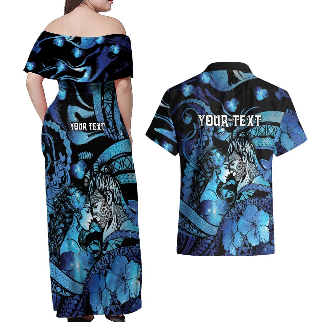 Personalised Maori Romantic Valentine Couples Matching Off Shoulder Maxi Dress and Hawaiian Shirt The Hongi Kiss Blue Galaxy DT05 - Polynesian Pride