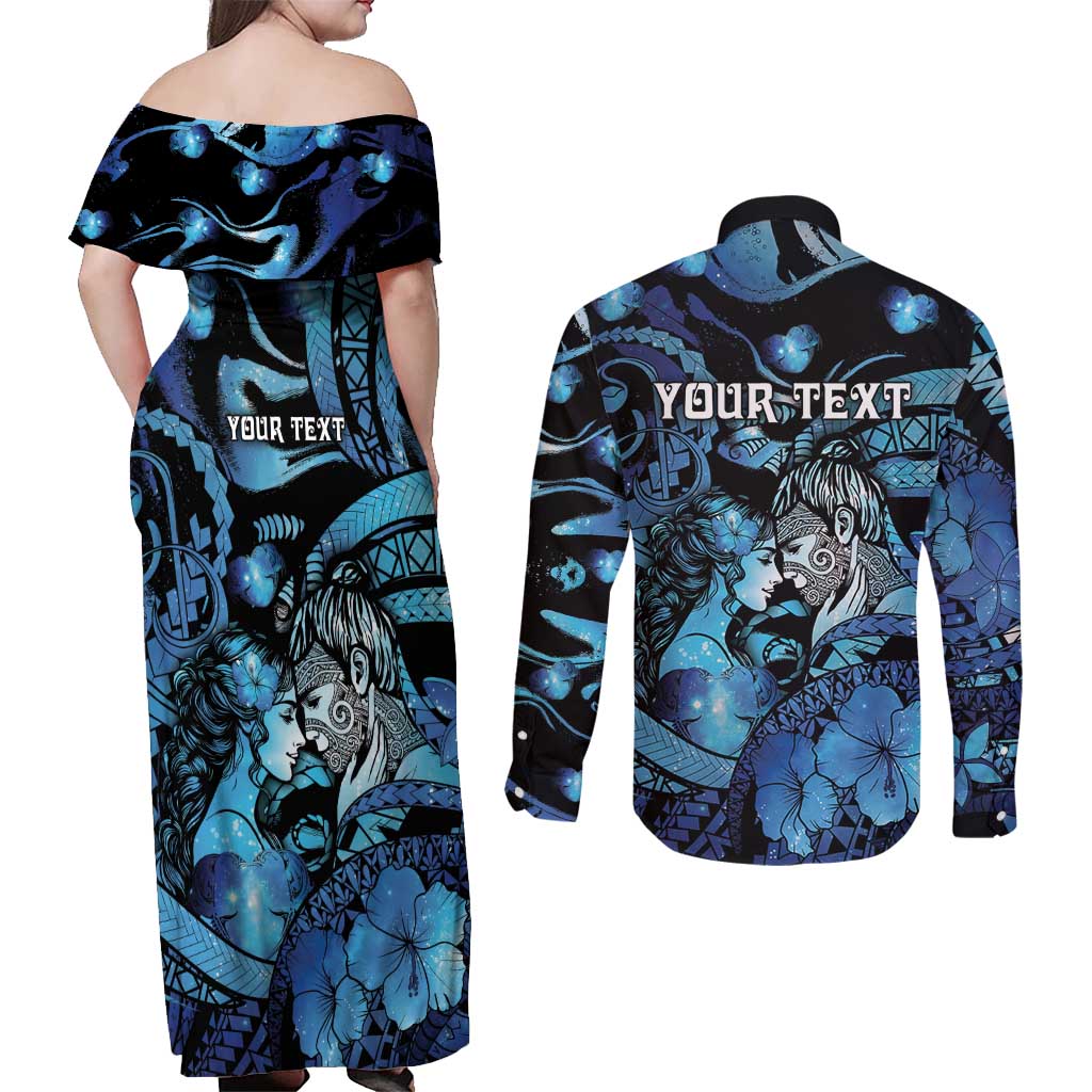 Personalised Maori Romantic Valentine Couples Matching Off Shoulder Maxi Dress and Long Sleeve Button Shirt The Hongi Kiss Blue Galaxy DT05 - Polynesian Pride