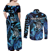 Personalised Maori Romantic Valentine Couples Matching Off Shoulder Maxi Dress and Long Sleeve Button Shirt The Hongi Kiss Blue Galaxy DT05 - Polynesian Pride