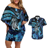 Personalised Maori Romantic Valentine Couples Matching Off Shoulder Short Dress and Hawaiian Shirt The Hongi Kiss Blue Galaxy DT05 Blue - Polynesian Pride