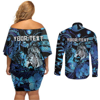Personalised Maori Romantic Valentine Couples Matching Off Shoulder Short Dress and Long Sleeve Button Shirt The Hongi Kiss Blue Galaxy DT05 - Polynesian Pride