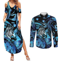 Personalised Maori Romantic Valentine Couples Matching Summer Maxi Dress and Long Sleeve Button Shirt The Hongi Kiss Blue Galaxy DT05 Blue - Polynesian Pride