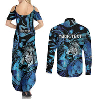 Personalised Maori Romantic Valentine Couples Matching Summer Maxi Dress and Long Sleeve Button Shirt The Hongi Kiss Blue Galaxy DT05 - Polynesian Pride