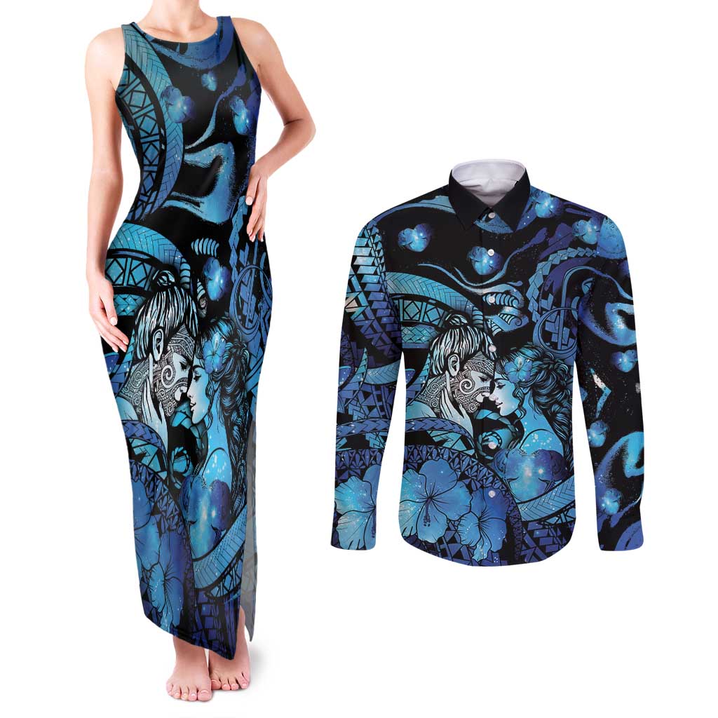 Personalised Maori Romantic Valentine Couples Matching Tank Maxi Dress and Long Sleeve Button Shirt The Hongi Kiss Blue Galaxy DT05 Blue - Polynesian Pride