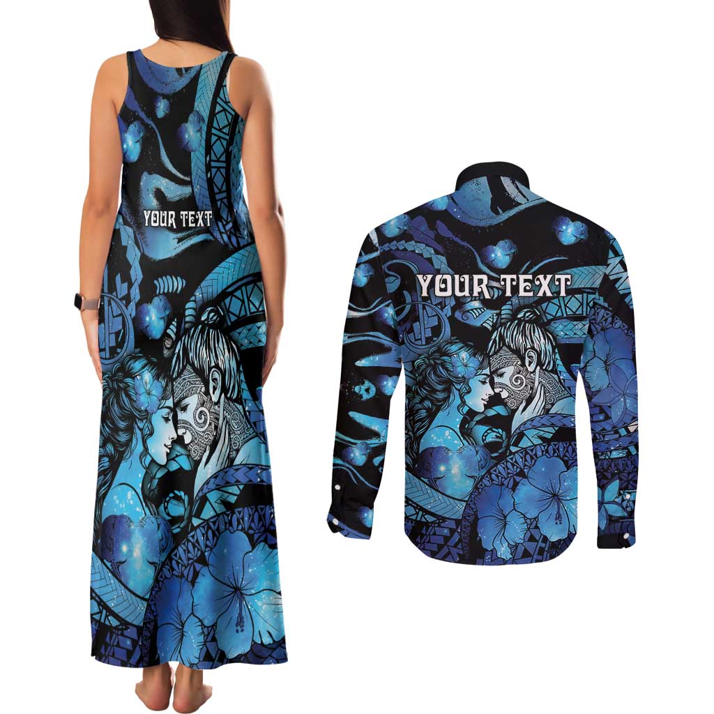 Personalised Maori Romantic Valentine Couples Matching Tank Maxi Dress and Long Sleeve Button Shirt The Hongi Kiss Blue Galaxy DT05 - Polynesian Pride