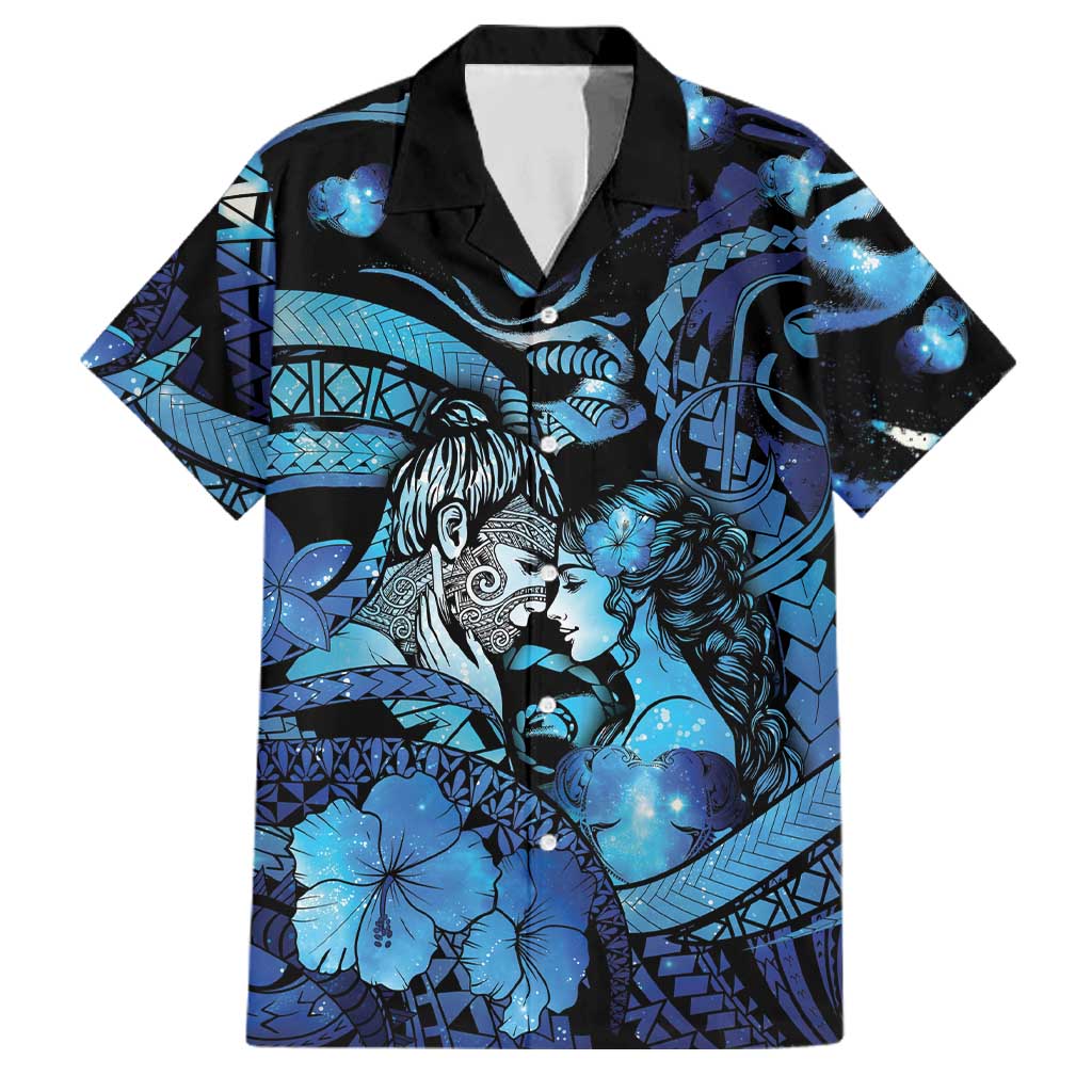 Personalised Maori Romantic Valentine Family Matching Long Sleeve Bodycon Dress and Hawaiian Shirt The Hongi Kiss Blue Galaxy DT05 Dad's Shirt - Short Sleeve Blue - Polynesian Pride