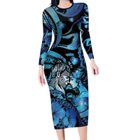 Personalised Maori Romantic Valentine Family Matching Long Sleeve Bodycon Dress and Hawaiian Shirt The Hongi Kiss Blue Galaxy DT05 Mom's Dress Blue - Polynesian Pride
