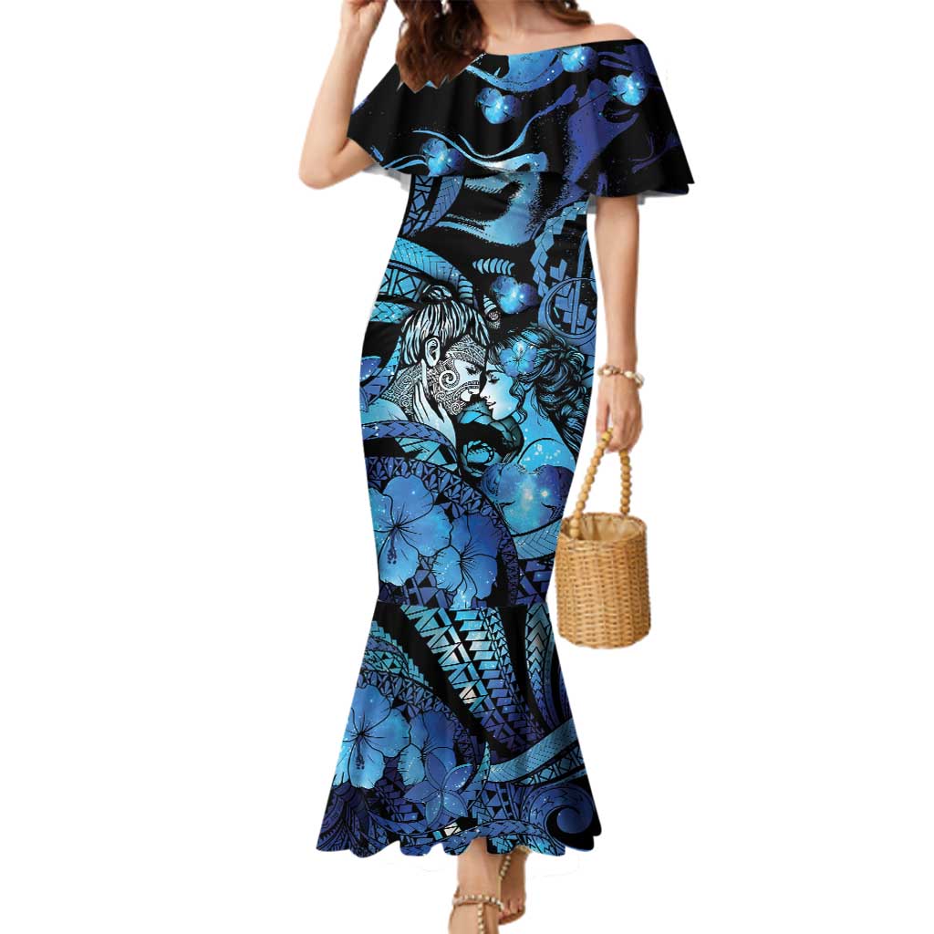 Personalised Maori Romantic Valentine Family Matching Mermaid Dress and Hawaiian Shirt The Hongi Kiss Blue Galaxy DT05 Mom's Dress Blue - Polynesian Pride