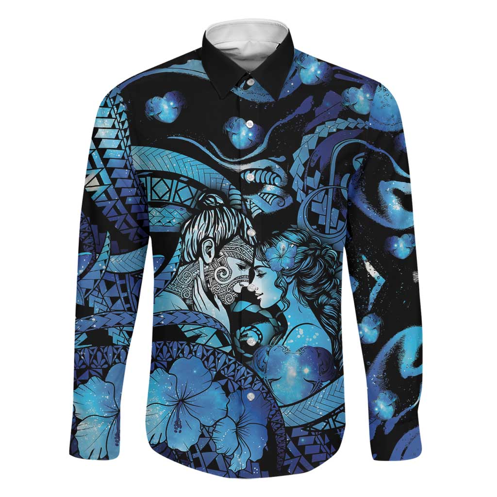Personalised Maori Romantic Valentine Family Matching Off The Shoulder Long Sleeve Dress and Hawaiian Shirt The Hongi Kiss Blue Galaxy DT05 Dad's Shirt - Long Sleeve Blue - Polynesian Pride