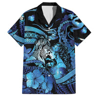 Personalised Maori Romantic Valentine Family Matching Off Shoulder Maxi Dress and Hawaiian Shirt The Hongi Kiss Blue Galaxy DT05 Dad's Shirt - Short Sleeve Blue - Polynesian Pride