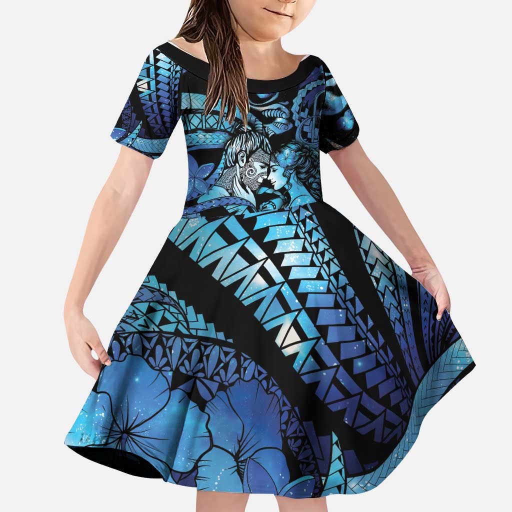 Personalised Maori Romantic Valentine Family Matching Off Shoulder Short Dress and Hawaiian Shirt The Hongi Kiss Blue Galaxy DT05 Daughter's Dress Blue - Polynesian Pride