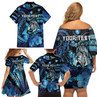 Personalised Maori Romantic Valentine Family Matching Off Shoulder Short Dress and Hawaiian Shirt The Hongi Kiss Blue Galaxy DT05 - Polynesian Pride