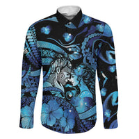 Personalised Maori Romantic Valentine Family Matching Short Sleeve Bodycon Dress and Hawaiian Shirt The Hongi Kiss Blue Galaxy DT05 Dad's Shirt - Long Sleeve Blue - Polynesian Pride