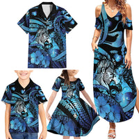 Personalised Maori Romantic Valentine Family Matching Summer Maxi Dress and Hawaiian Shirt The Hongi Kiss Blue Galaxy DT05 - Polynesian Pride