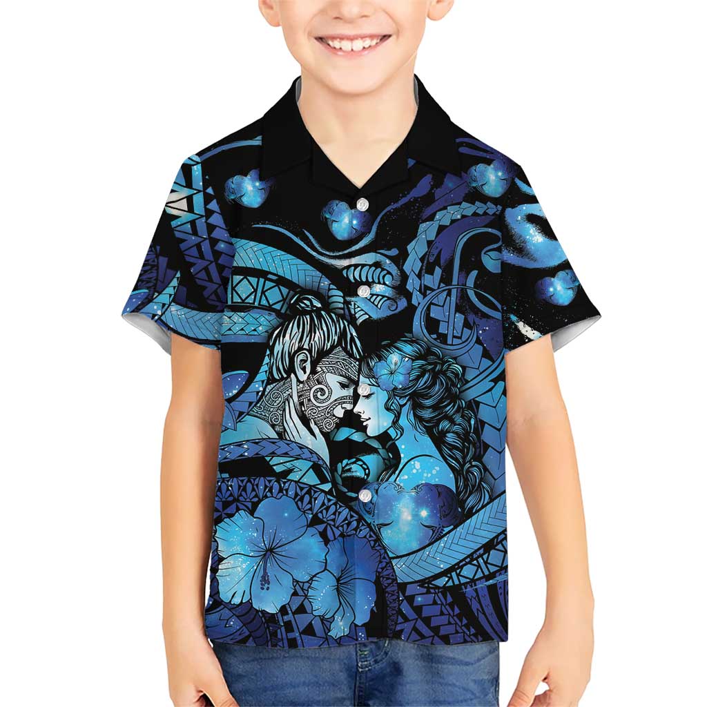 Personalised Maori Romantic Valentine Family Matching Summer Maxi Dress and Hawaiian Shirt The Hongi Kiss Blue Galaxy DT05 Son's Shirt Blue - Polynesian Pride