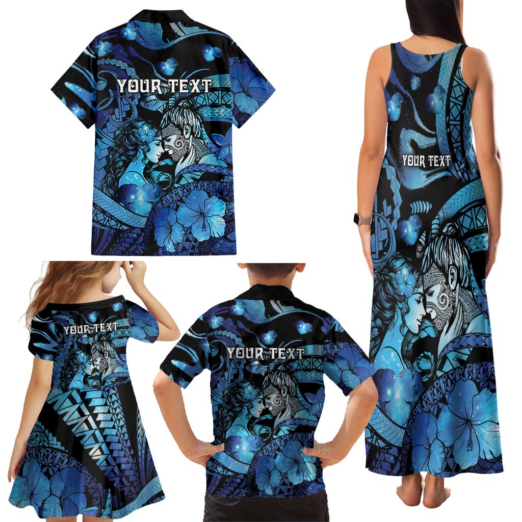 Personalised Maori Romantic Valentine Family Matching Tank Maxi Dress and Hawaiian Shirt The Hongi Kiss Blue Galaxy DT05 - Polynesian Pride
