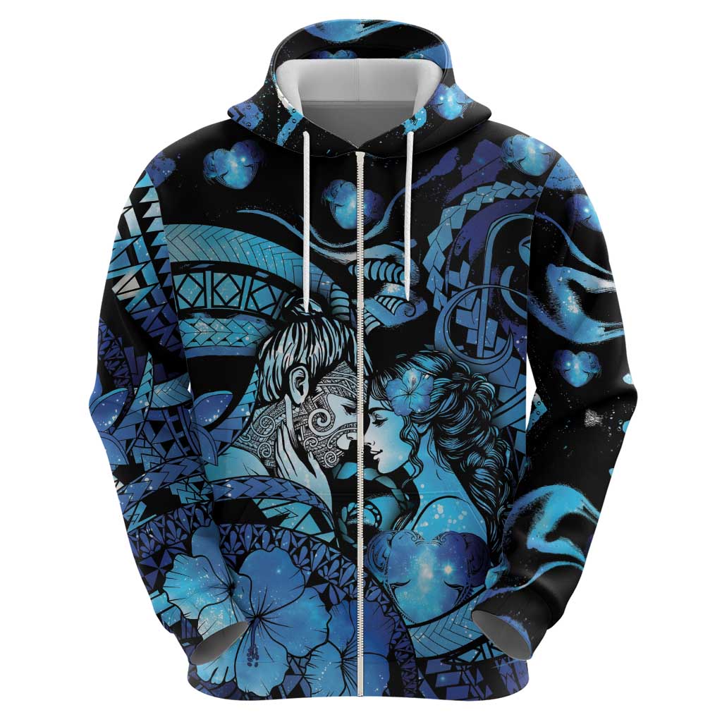 Personalised Maori Romantic Valentine Hoodie The Hongi Kiss Blue Galaxy