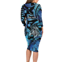 Personalised Maori Romantic Valentine Long Sleeve Bodycon Dress The Hongi Kiss Blue Galaxy DT05 - Polynesian Pride