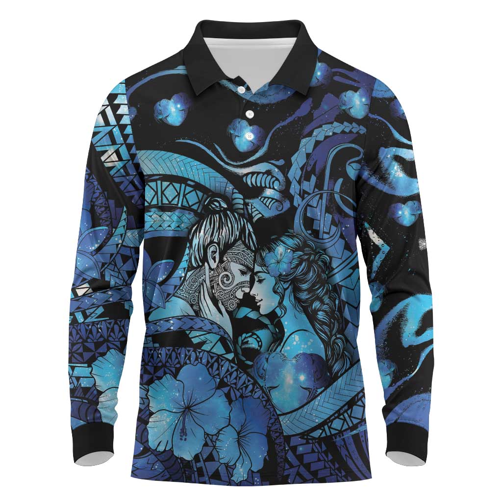 Personalised Maori Romantic Valentine Long Sleeve Polo Shirt The Hongi Kiss Blue Galaxy DT05 Blue - Polynesian Pride