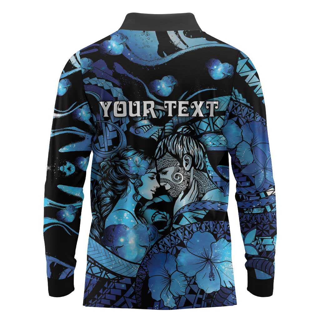 Personalised Maori Romantic Valentine Long Sleeve Polo Shirt The Hongi Kiss Blue Galaxy DT05 - Polynesian Pride