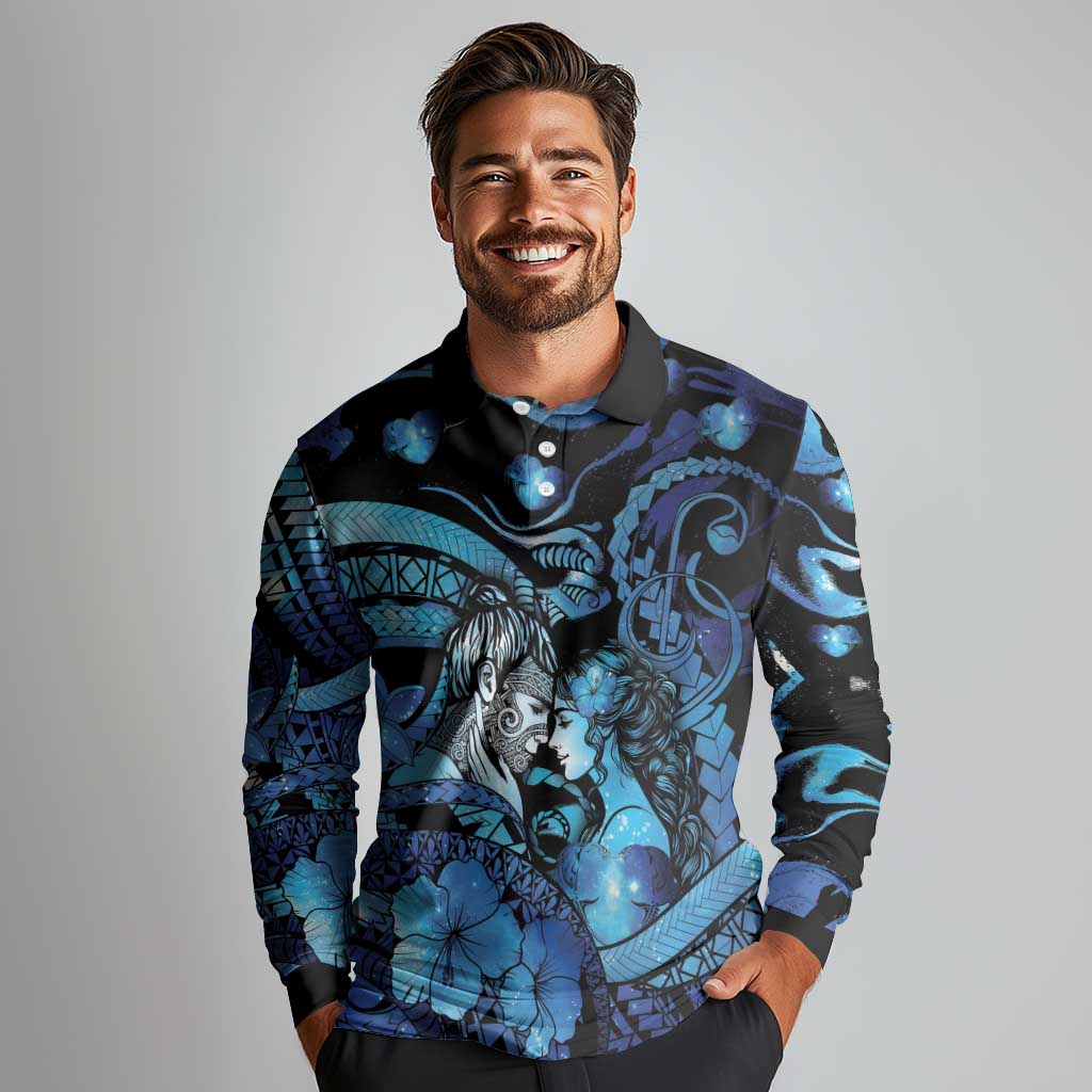 Personalised Maori Romantic Valentine Long Sleeve Polo Shirt The Hongi Kiss Blue Galaxy DT05 - Polynesian Pride