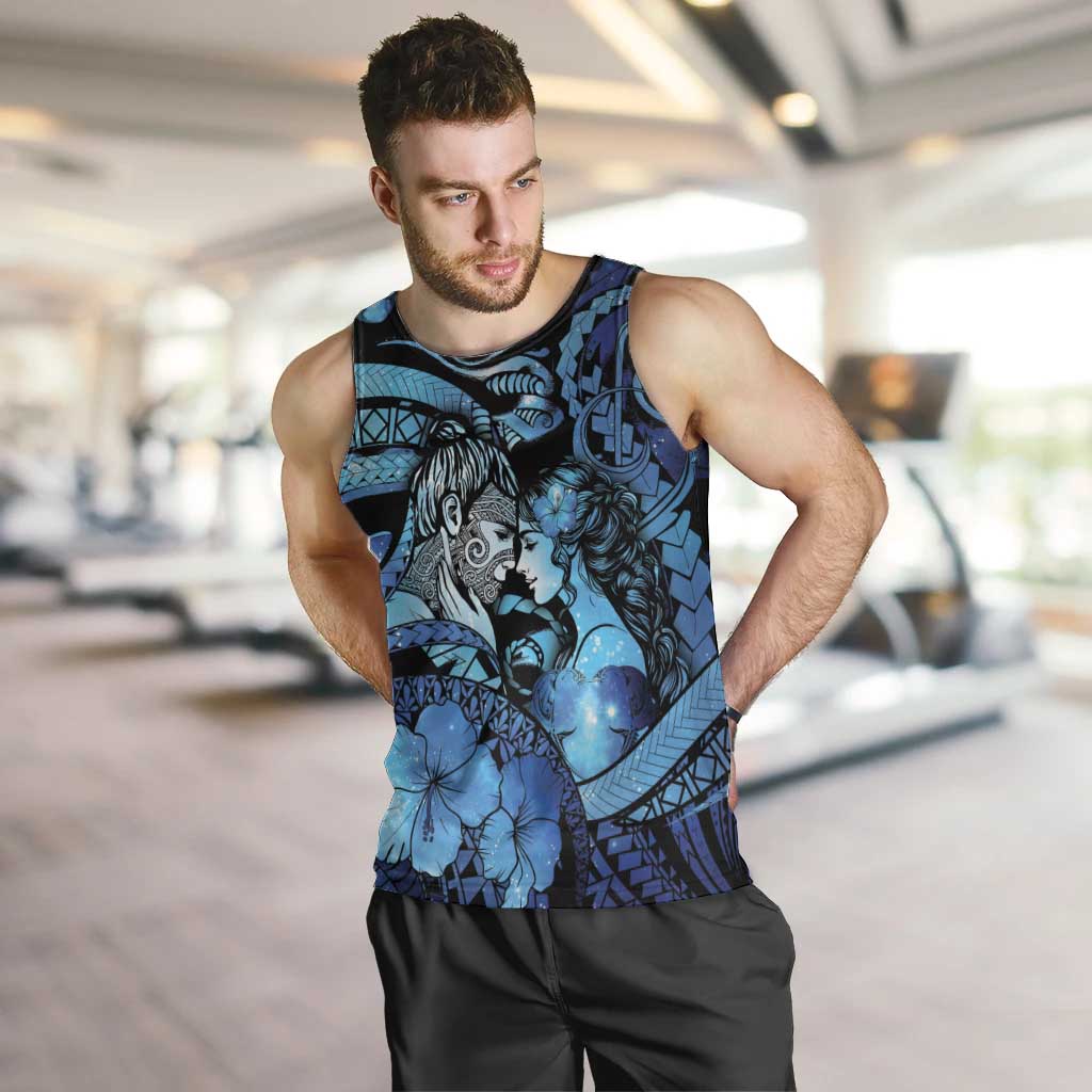 Personalised Maori Romantic Valentine Men Tank Top The Hongi Kiss Blue Galaxy