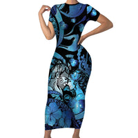 Personalised Maori Romantic Valentine Short Sleeve Bodycon Dress The Hongi Kiss Blue Galaxy DT05 Long Dress Blue - Polynesian Pride