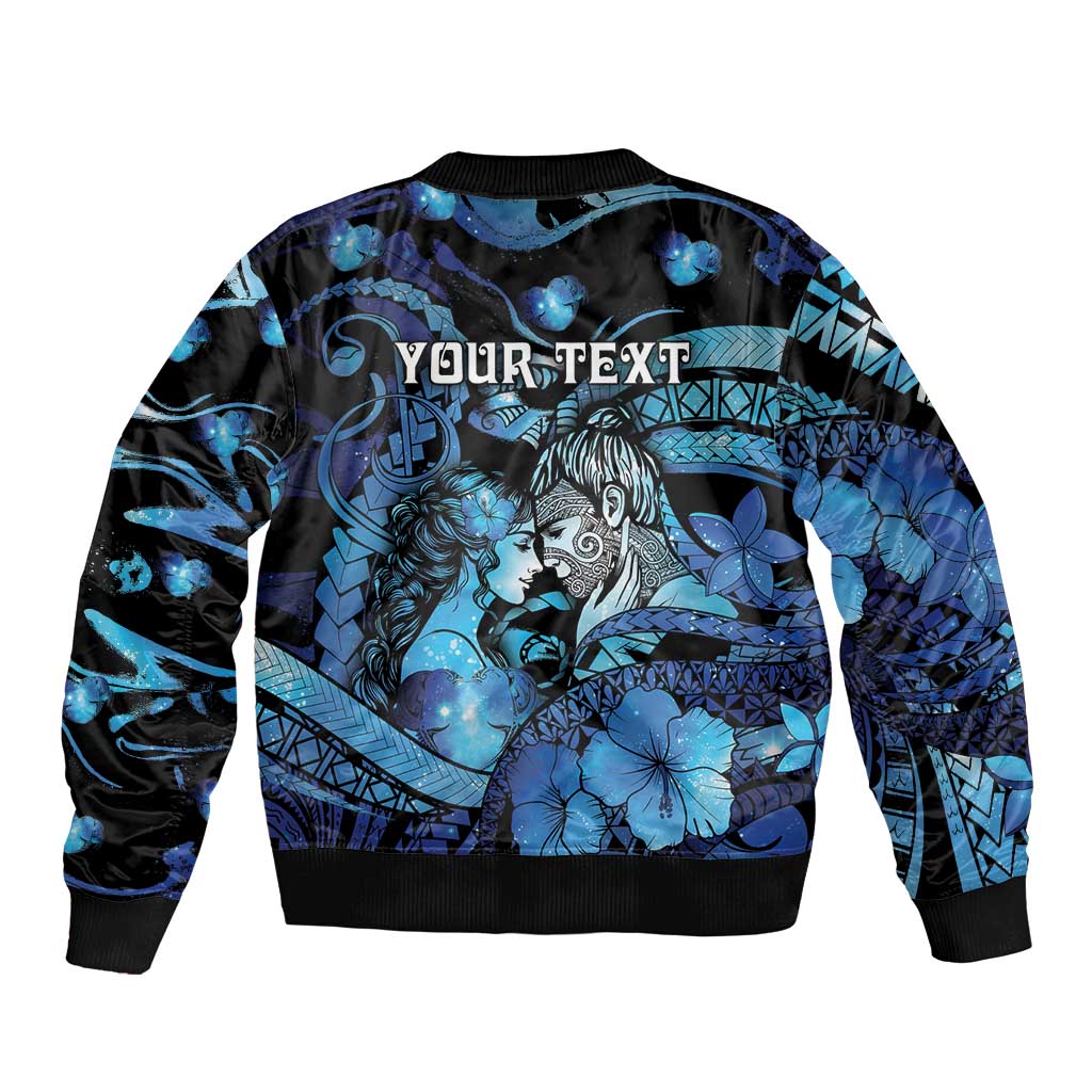 Personalised Maori Romantic Valentine Sleeve Zip Bomber Jacket The Hongi Kiss Blue Galaxy