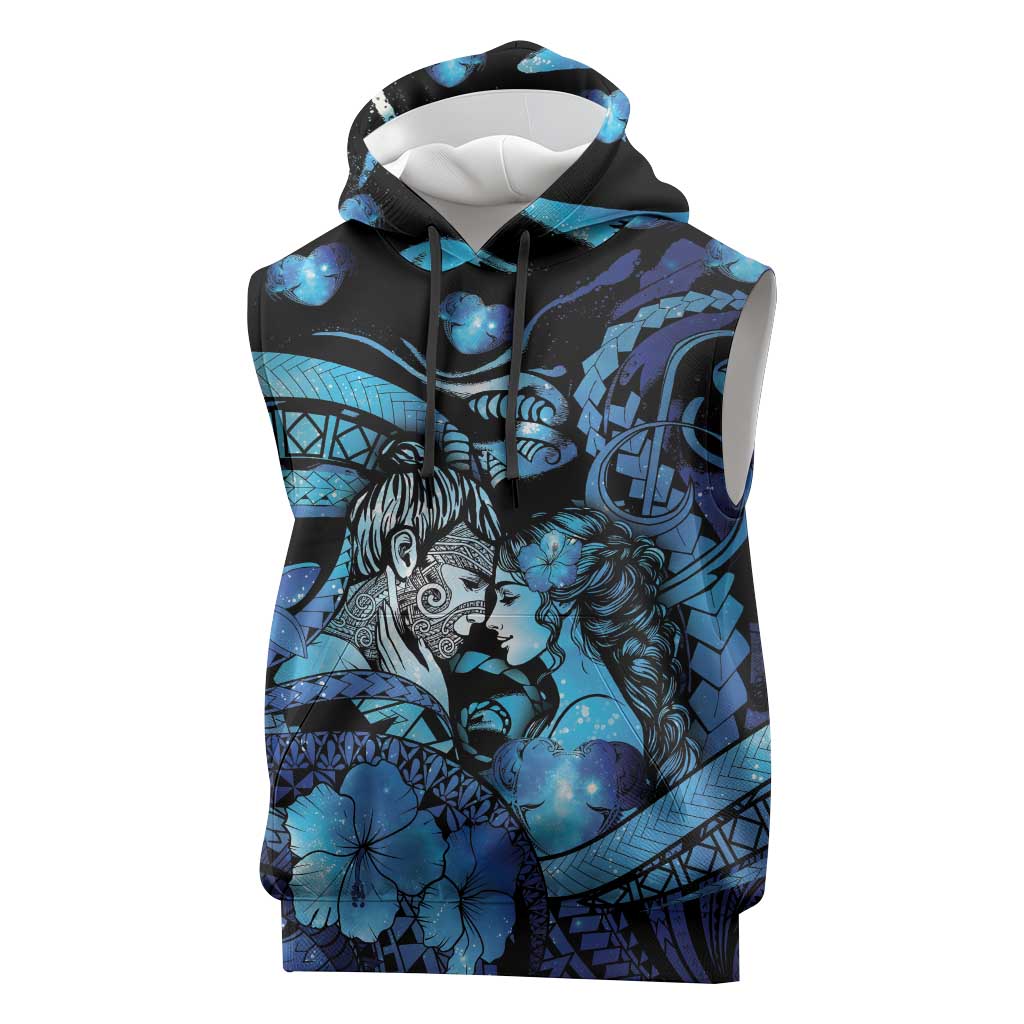 Personalised Maori Romantic Valentine Sleeveless Hoodie The Hongi Kiss Blue Galaxy