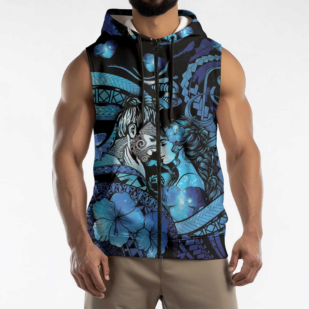 Personalised Maori Romantic Valentine Sleeveless Zip Hoodie The Hongi Kiss Blue Galaxy DT05 - Polynesian Pride