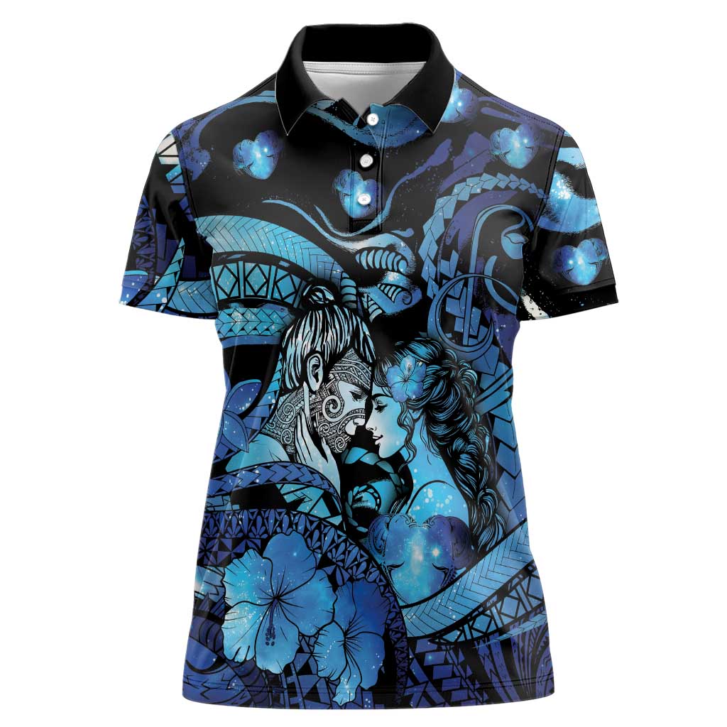 Personalised Maori Romantic Valentine Women Polo Shirt The Hongi Kiss Blue Galaxy DT05 Female Blue - Polynesian Pride
