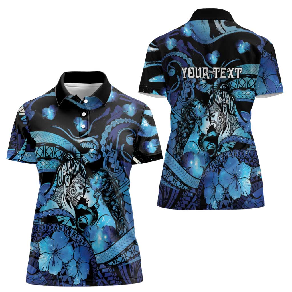 Personalised Maori Romantic Valentine Women Polo Shirt The Hongi Kiss Blue Galaxy DT05 - Polynesian Pride
