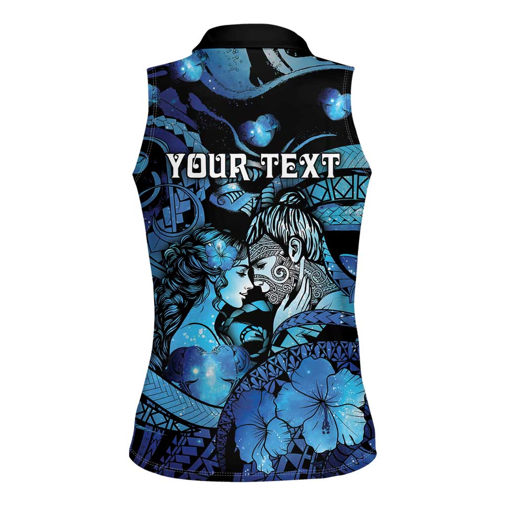Personalised Maori Romantic Valentine Women Sleeveless Polo Shirt The Hongi Kiss Blue Galaxy DT05 - Polynesian Pride