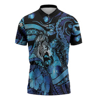 Personalised Maori Romantic Valentine Zipper Polo Shirt The Hongi Kiss Blue Galaxy DT05 Blue - Polynesian Pride
