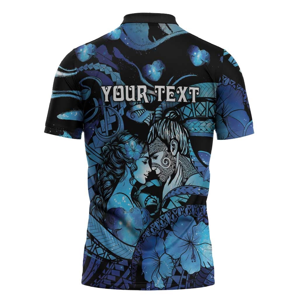 Personalised Maori Romantic Valentine Zipper Polo Shirt The Hongi Kiss Blue Galaxy DT05 - Polynesian Pride