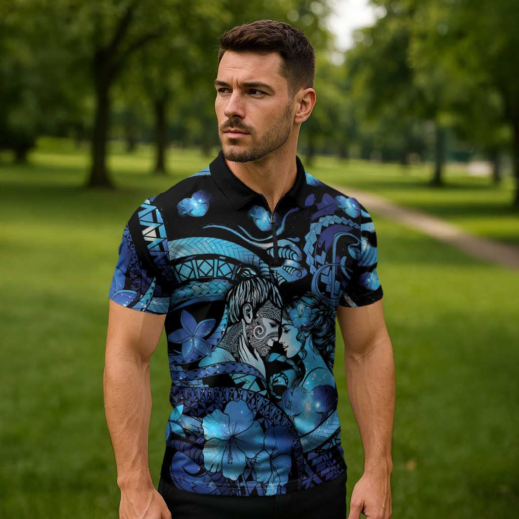 Personalised Maori Romantic Valentine Zipper Polo Shirt The Hongi Kiss Blue Galaxy DT05 - Polynesian Pride