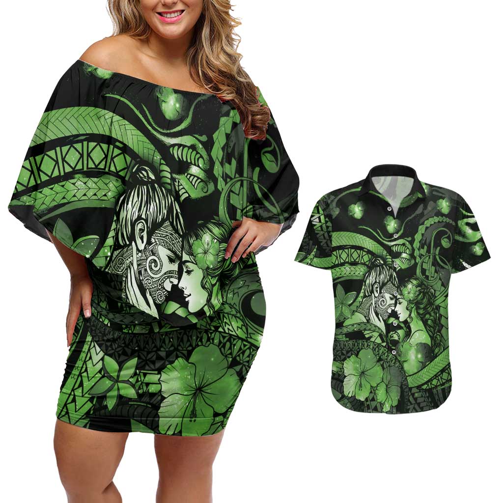 Personalised Maori Romantic Valentine Couples Matching Off Shoulder Short Dress and Hawaiian Shirt The Hongi Kiss Green Galaxy DT05 Green - Polynesian Pride