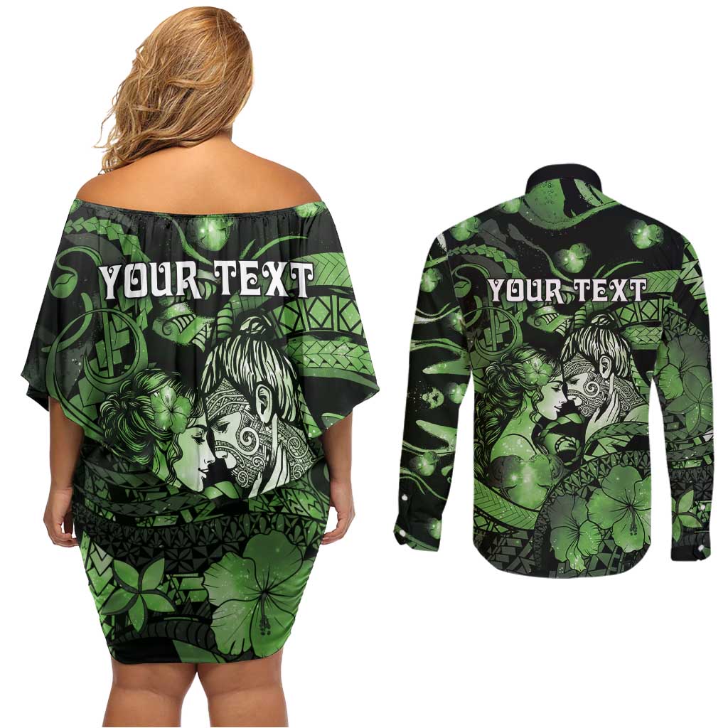 Personalised Maori Romantic Valentine Couples Matching Off Shoulder Short Dress and Long Sleeve Button Shirt The Hongi Kiss Green Galaxy DT05 - Polynesian Pride