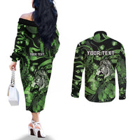 Personalised Maori Romantic Valentine Couples Matching Off The Shoulder Long Sleeve Dress and Long Sleeve Button Shirt The Hongi Kiss Green Galaxy DT05 - Polynesian Pride