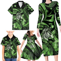 Personalised Maori Romantic Valentine Family Matching Long Sleeve Bodycon Dress and Hawaiian Shirt The Hongi Kiss Green Galaxy DT05 - Polynesian Pride