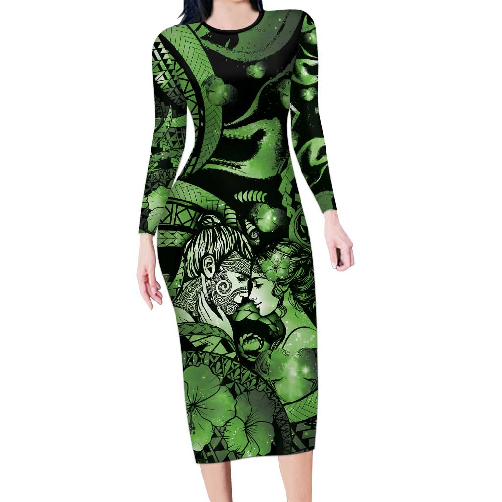 Personalised Maori Romantic Valentine Family Matching Long Sleeve Bodycon Dress and Hawaiian Shirt The Hongi Kiss Green Galaxy DT05 Mom's Dress Green - Polynesian Pride