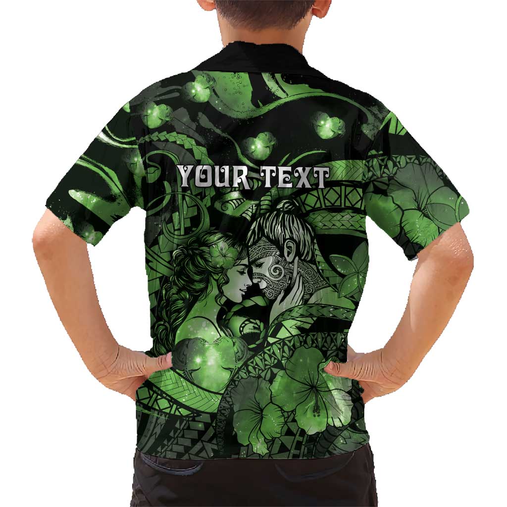 Personalised Maori Romantic Valentine Family Matching Off The Shoulder Long Sleeve Dress and Hawaiian Shirt The Hongi Kiss Green Galaxy DT05 - Polynesian Pride
