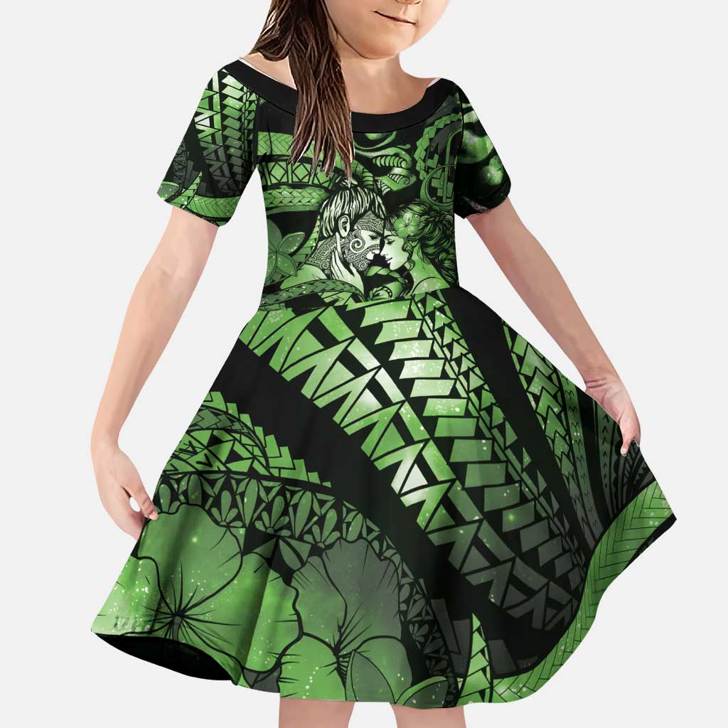 Personalised Maori Romantic Valentine Family Matching Off Shoulder Maxi Dress and Hawaiian Shirt The Hongi Kiss Green Galaxy DT05 Daughter's Dress Green - Polynesian Pride