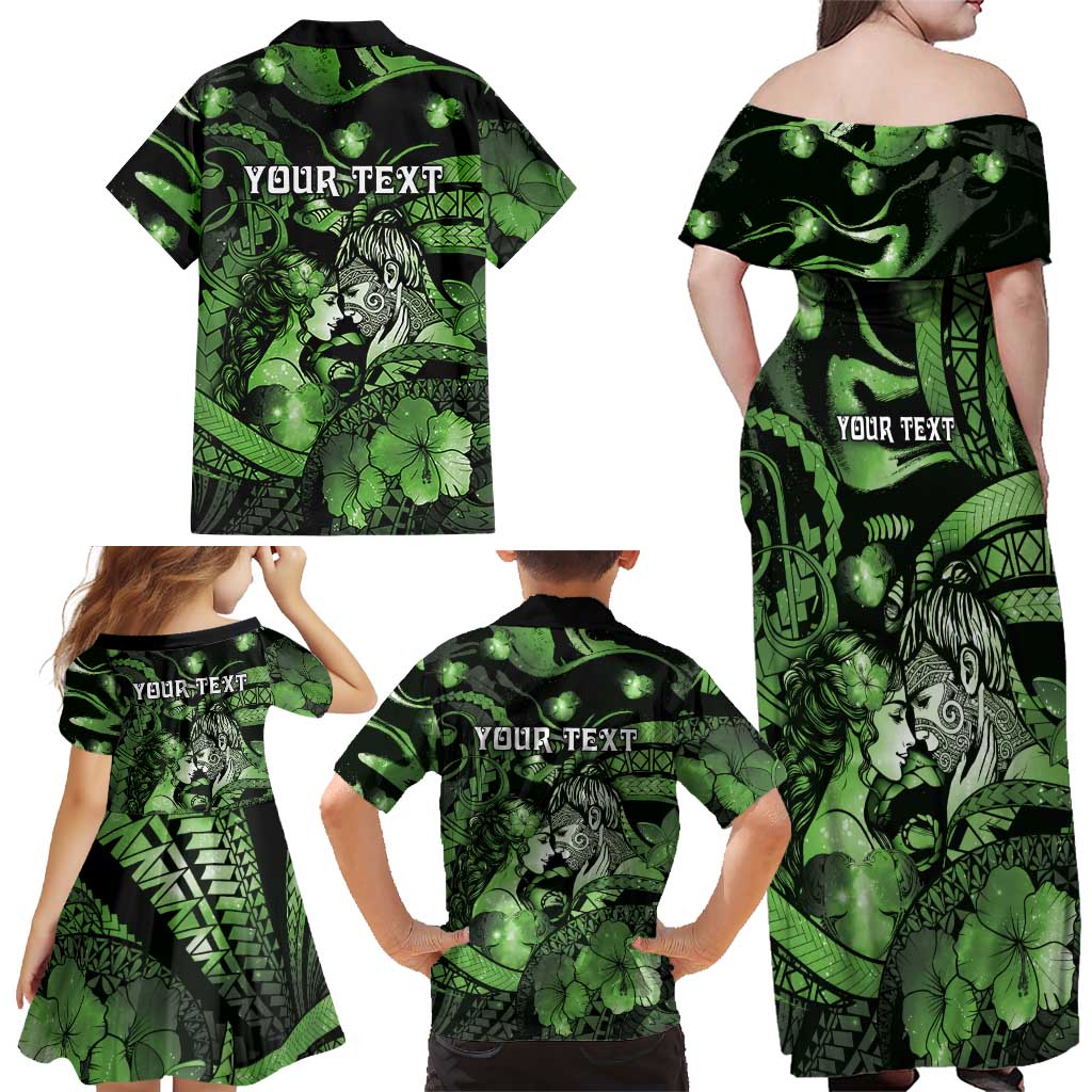 Personalised Maori Romantic Valentine Family Matching Off Shoulder Maxi Dress and Hawaiian Shirt The Hongi Kiss Green Galaxy DT05 - Polynesian Pride