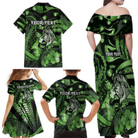 Personalised Maori Romantic Valentine Family Matching Off Shoulder Maxi Dress and Hawaiian Shirt The Hongi Kiss Green Galaxy DT05 - Polynesian Pride