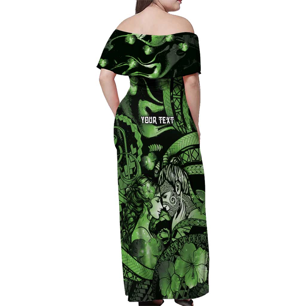 Personalised Maori Romantic Valentine Family Matching Off Shoulder Maxi Dress and Hawaiian Shirt The Hongi Kiss Green Galaxy DT05 - Polynesian Pride