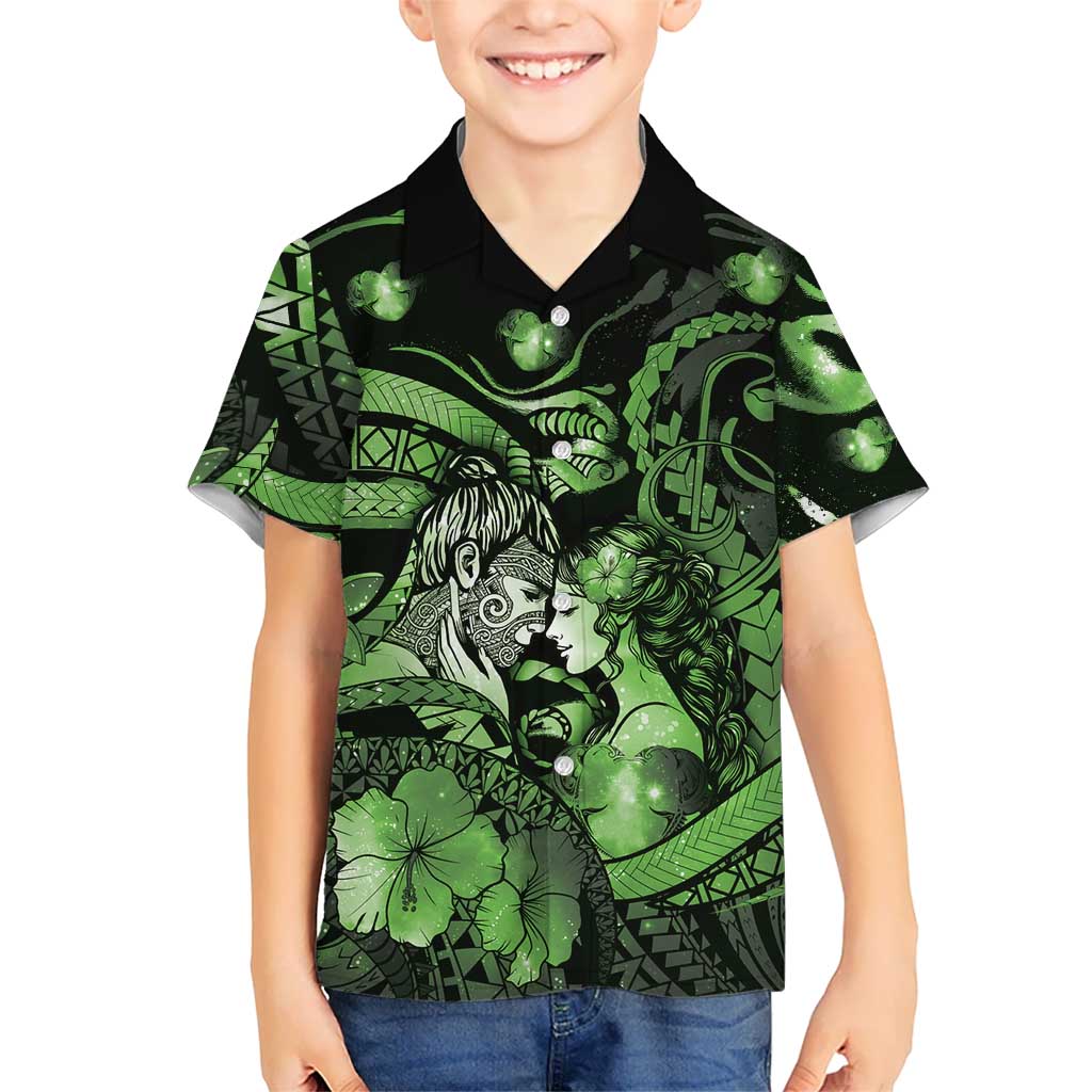 Personalised Maori Romantic Valentine Family Matching Off Shoulder Maxi Dress and Hawaiian Shirt The Hongi Kiss Green Galaxy DT05 Son's Shirt Green - Polynesian Pride
