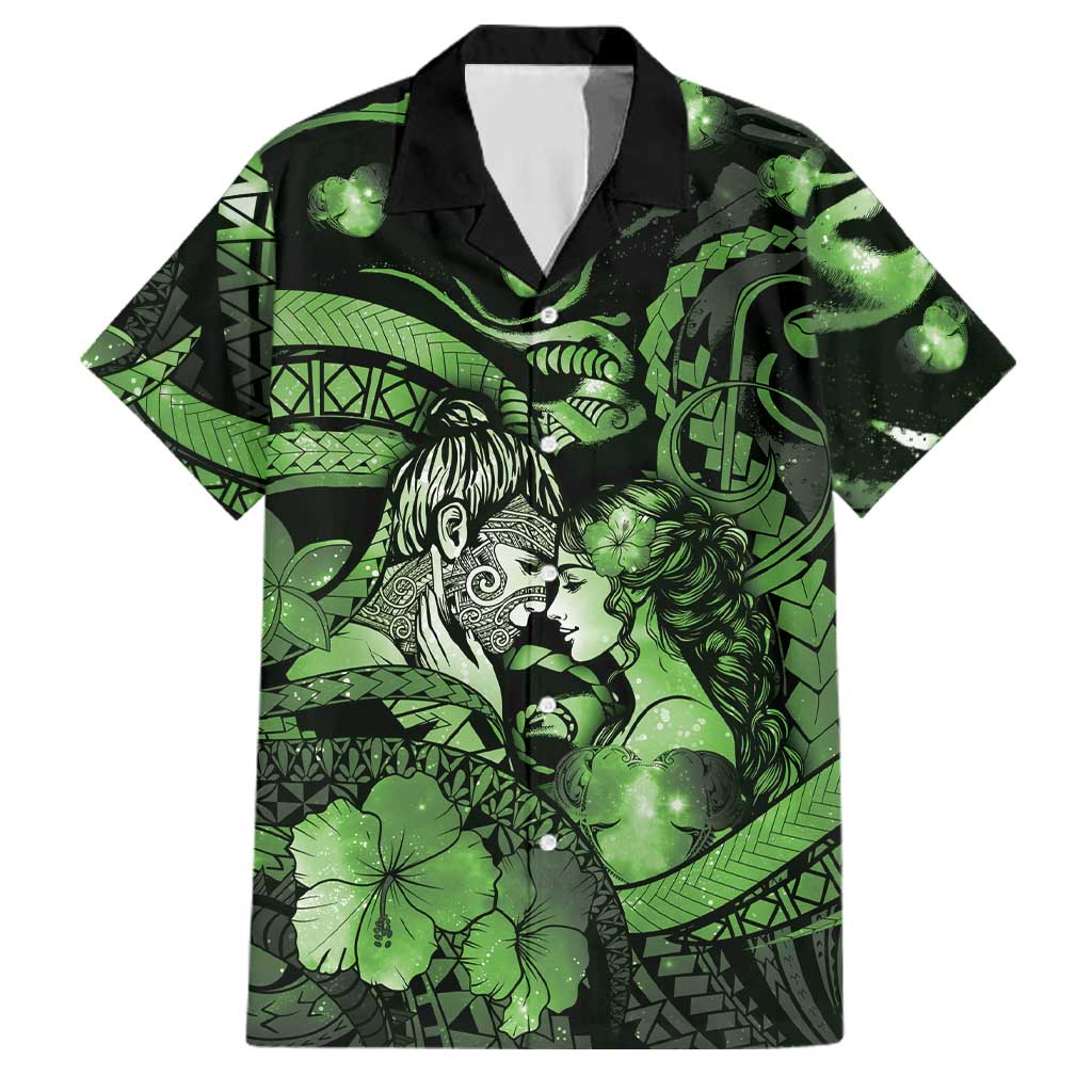 Personalised Maori Romantic Valentine Family Matching Off Shoulder Short Dress and Hawaiian Shirt The Hongi Kiss Green Galaxy DT05 Dad's Shirt - Short Sleeve Green - Polynesian Pride