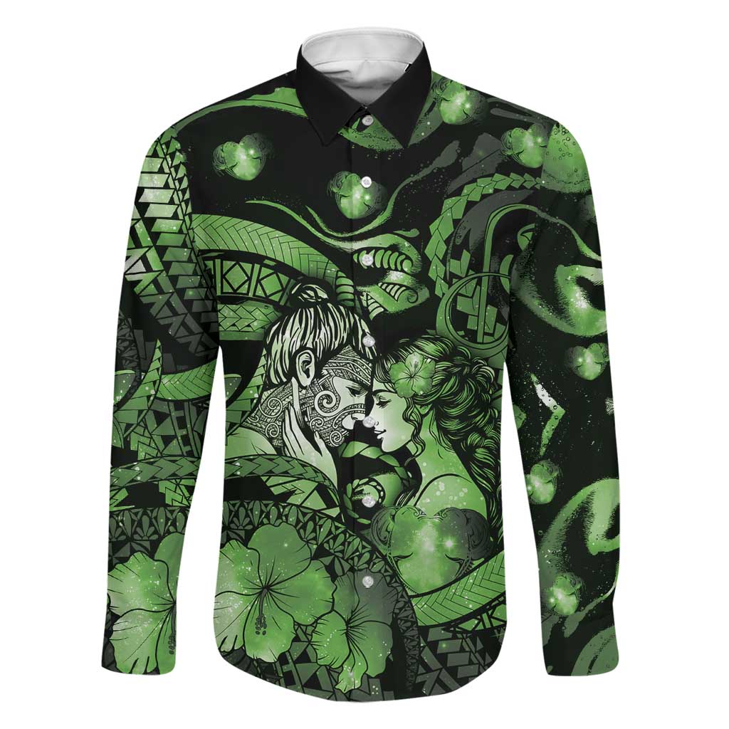 Personalised Maori Romantic Valentine Family Matching Off Shoulder Short Dress and Hawaiian Shirt The Hongi Kiss Green Galaxy DT05 Dad's Shirt - Long Sleeve Green - Polynesian Pride